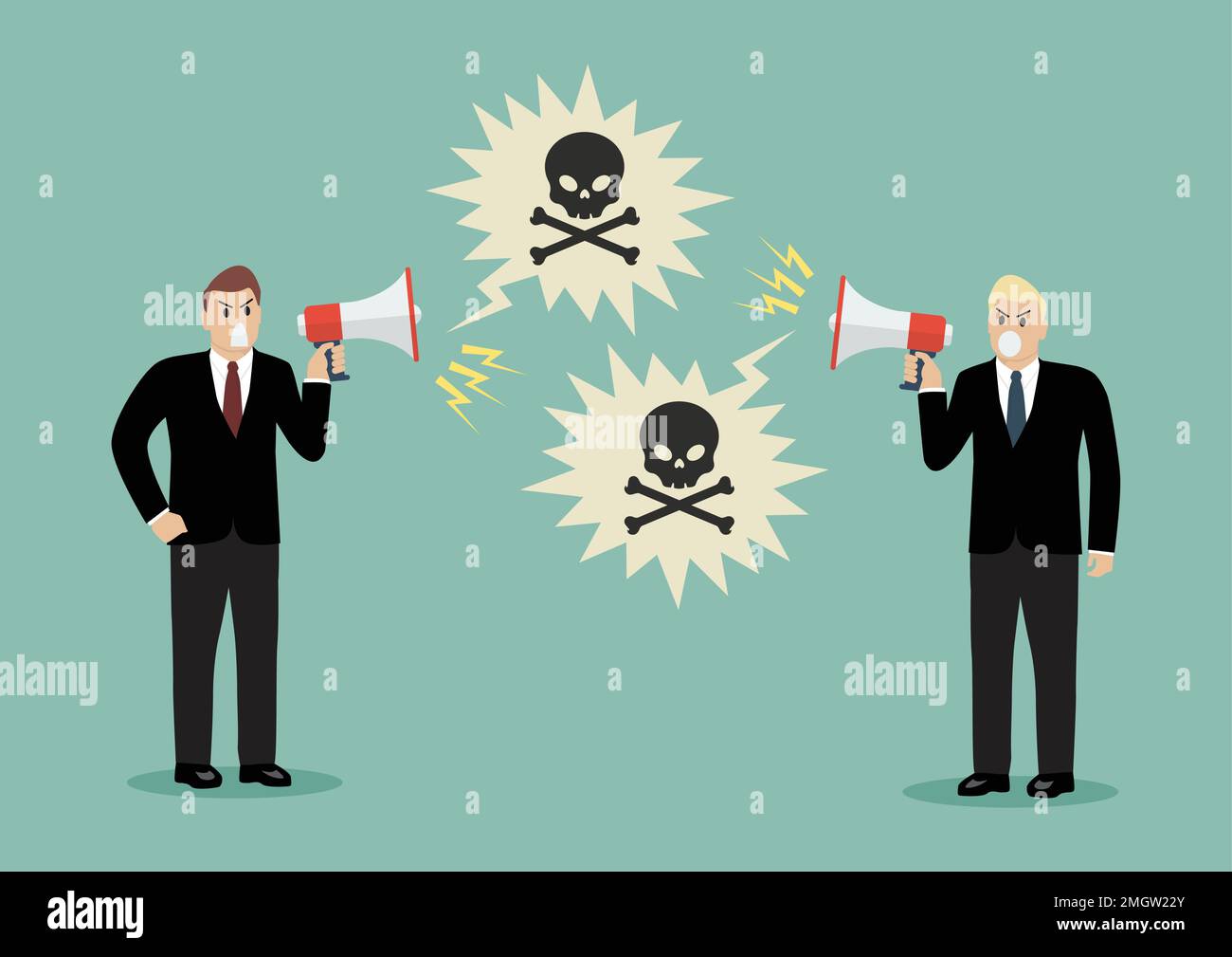 Zwei giftige Geschäftsleute schreien sich mit Megafonen an. Geschäftskonzept Stock Vektor