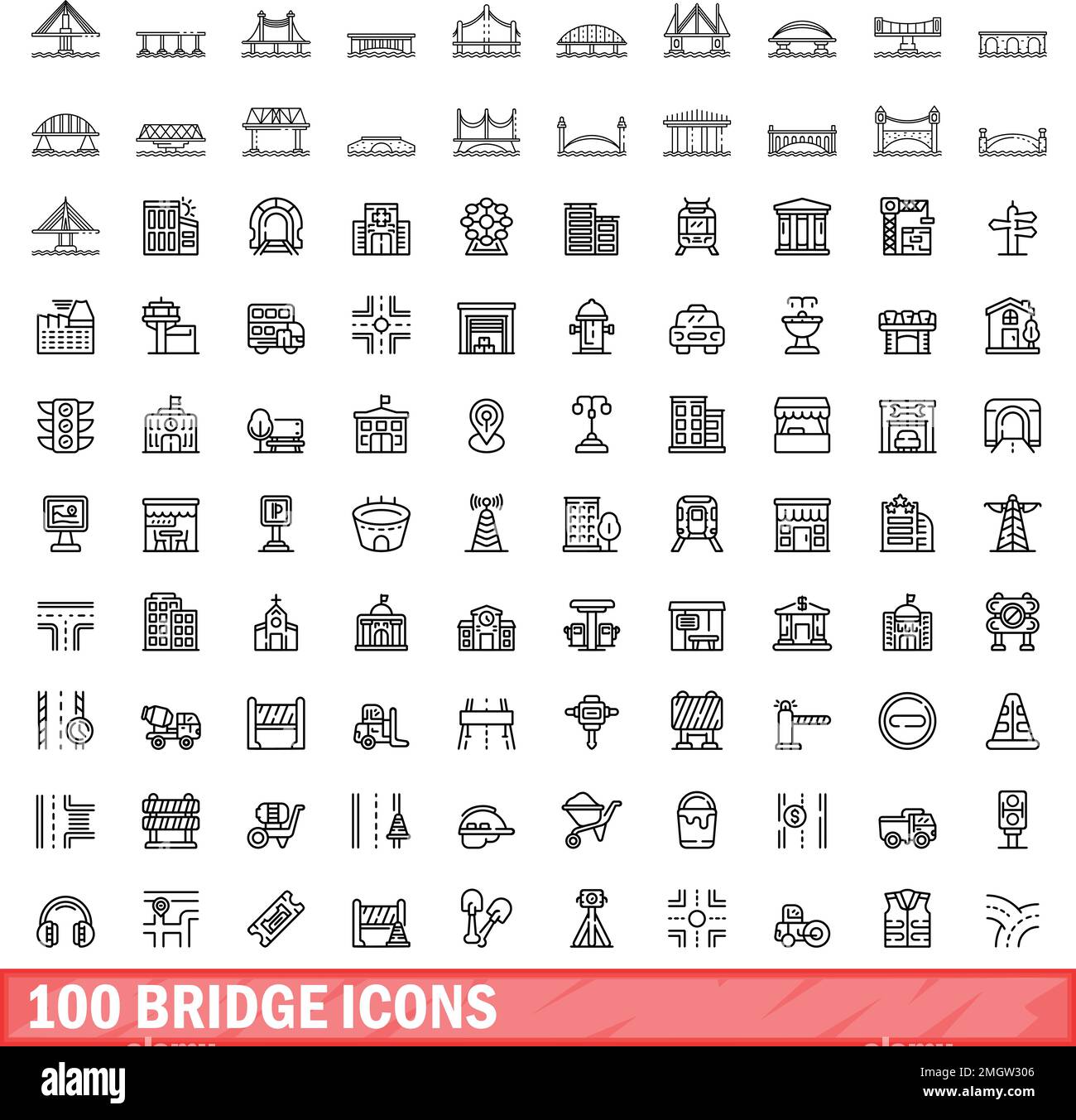 100 Bridge-Symbole eingestellt. Umrissdarstellung von 100-Bridge-Symbolen, Vektorsatz isoliert auf weißem Hintergrund Stock Vektor