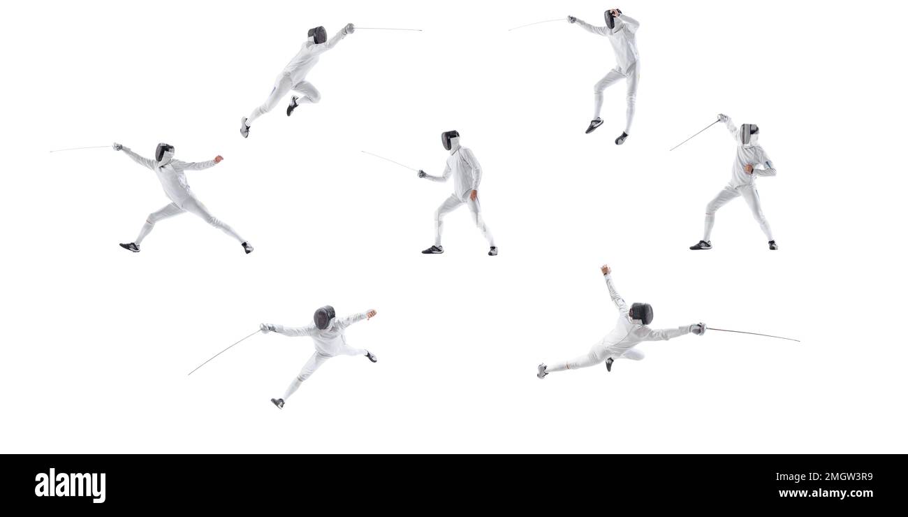 Collage. Dynamische Studioaufnahmen eines männlichen Profi-Fechters in weißer Uniform, Fechten mit Schwert isoliert auf weißem Hintergrund. Konzept von Stockfoto