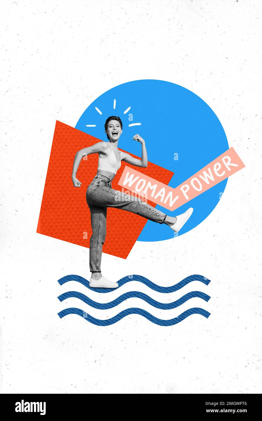 Vertikale kreative Collage Bild einer lustigen, flippigen, fröhlichen, aktiven, energetischen Dame gehen Schritt Frau, Power-Feminismus-Aktivistin rechts Stockfoto