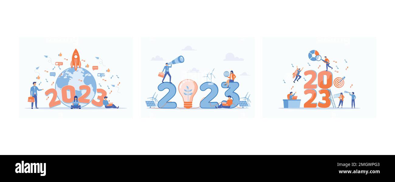 Neues Jahr mit neuen Entdeckungen und Erfolgen, Business 2023 Neujahr ESG oder Ökologieproblem Trends Projekt, Frohes neues Jahr 2023, Flachvektormoder Stock Vektor