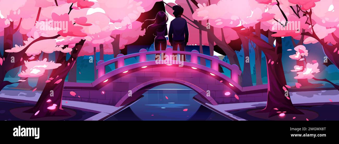 Die Silhouetten von Liebespaaren auf der beleuchteten Brücke im nächtlichen Stadtpark mit blühenden Sakurabäumen. Mann und Frau auf einem romantischen Date, bewundern die rosa Kirschblüte im Stadtgarten. Bannerdesign für den Valentinstag Stock Vektor