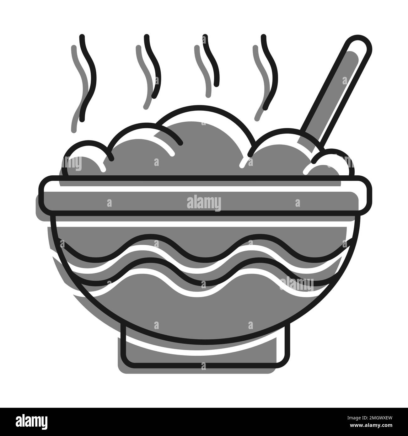 Linear gefüllt mit grauem Symbol, Schale mit heißem Porridge. Köstliches Und Herzhaftes Mittagessen. Einfacher schwarzweißer Vektor, isoliert auf weißem Hintergrund Stock Vektor