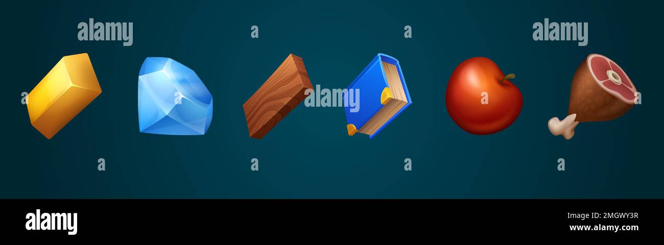 Spielfiguren mit Holzbrett, Essen, Gold, Buch und Diamanten. Spielgeld und -Material, Fleisch, Apfel, Kristall und goldener Ingots, Vektorfilm isoliert im Hintergrund Stock Vektor