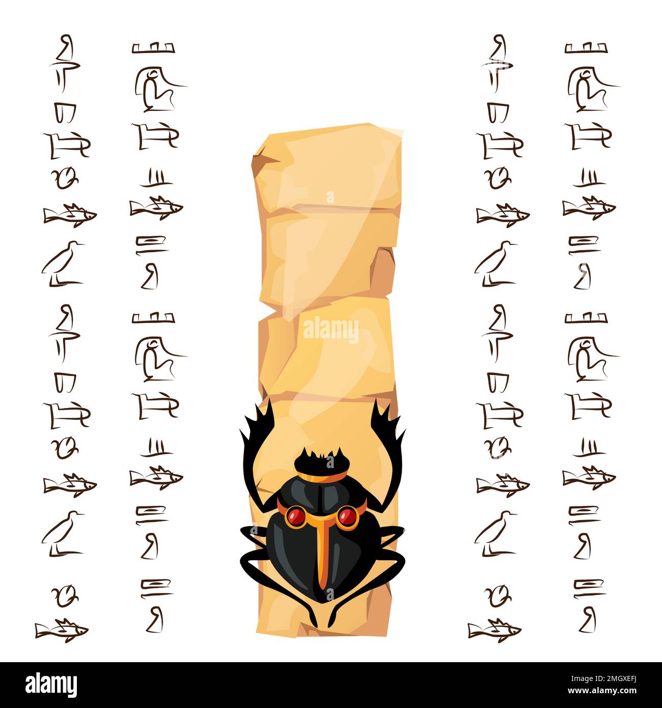 Altes ägyptisches Papyrus Teil oder Steinsäule mit heiliger Skarabäus-Käfer-Vektordarstellung. Ägyptisches Kultursymbol, unbeschriftetes, antikes Papier mit Ibis und Hieroglyphen, isoliert auf Weiß Stock Vektor