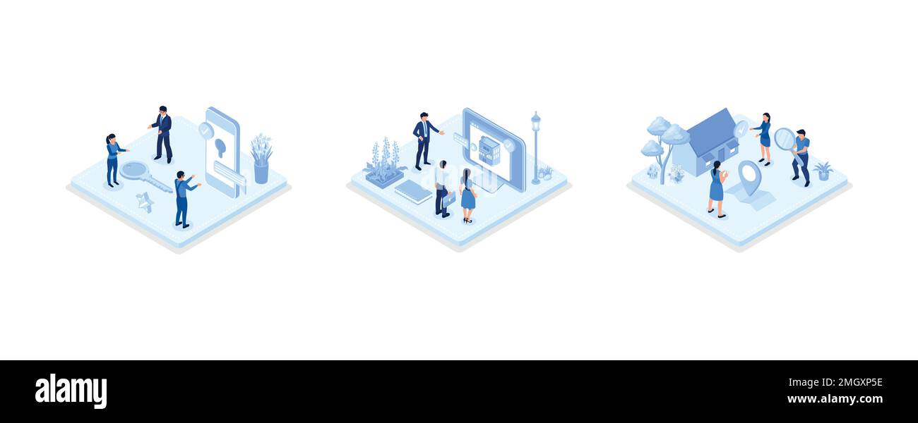 Charaktere suchen nach Wohnungen oder Häusern und wählen diese aus, um sie zu mieten oder zu kaufen. Konzept des Immobilienmarkts, Darstellung des isometrischen Vektors festlegen Stock Vektor