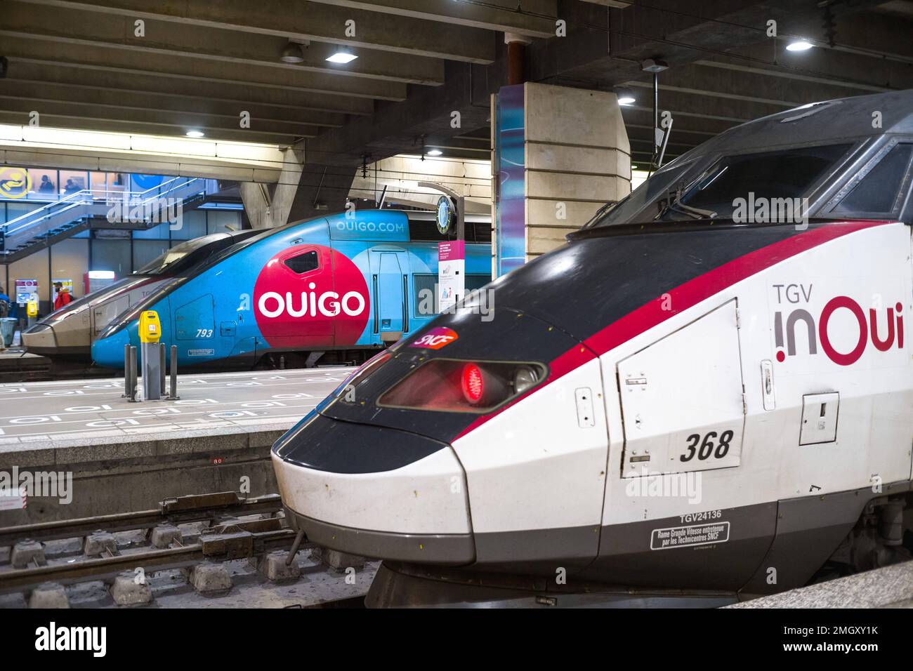 Zwei Züge haben angehalten, einer Ouigo und der andere inOui auf dem Bahnsteig. Auf den Bahnhöfen des Gare Montparnasse, einem der sechs großen Pariser Bahnhöfe. Frankreich, Paris am 25. Januar 2023. Foto: Patricia Huchot-Boissier/ABACAPRESS.COM Stockfoto