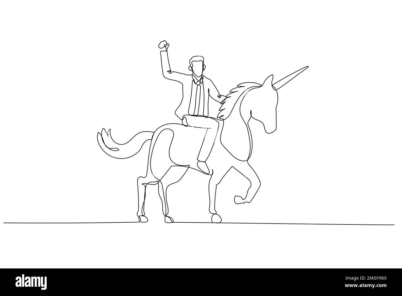 Zeichnung eines Geschäftsmanns, der auf einem Einhorn reitet, mit dem Pferd, das nur auf drei Fuß steht. Einteilige, durchgehende Strichart Stock Vektor