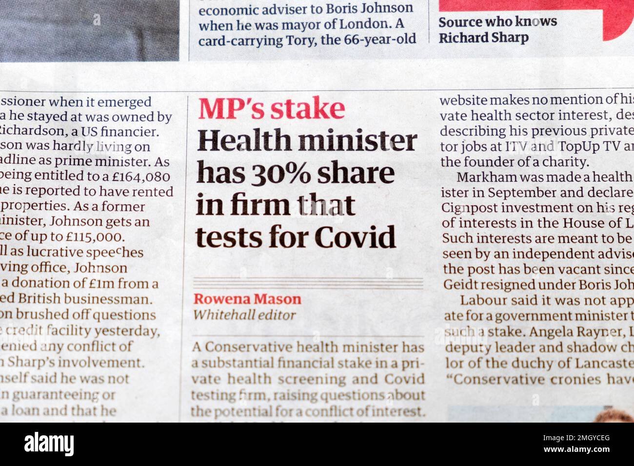 „MP's Stake Health Minister hat 30% Anteil in Firma, die Tests für Covid' Guardian Zeitung Schlagzeile Artikel Schneiden 24 Januar 2023 London UK Stockfoto