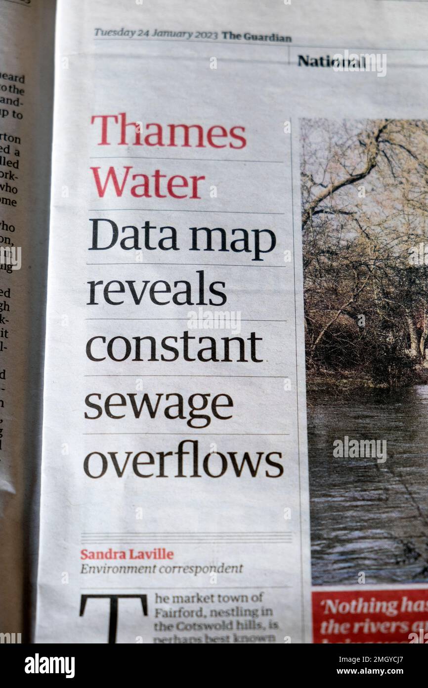 „Thames Water Data MAP reveals constant water overflows“ Guardian Zeitung Headline Environmental pollution article 24 January 2023 England UK Stockfoto