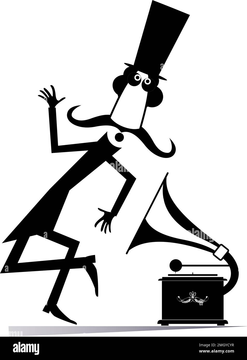 Retro-Plattenspieler. Tanzender Mann mit Hut. Cartoon-Tänzerin mit langem Schnurrbart und Hut. Retro-Plattenspieler. Abbildung: Schwarz auf Weiß Stock Vektor