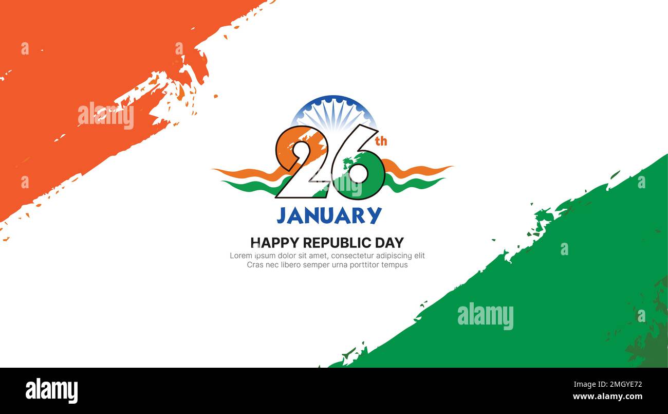 26. Januar, 15. August, Unabhängigkeitstag, republic Day Celebration of India, Ashoka Chakra und dreifarbige Pinselstriche. vektorhintergrund. Stock Vektor