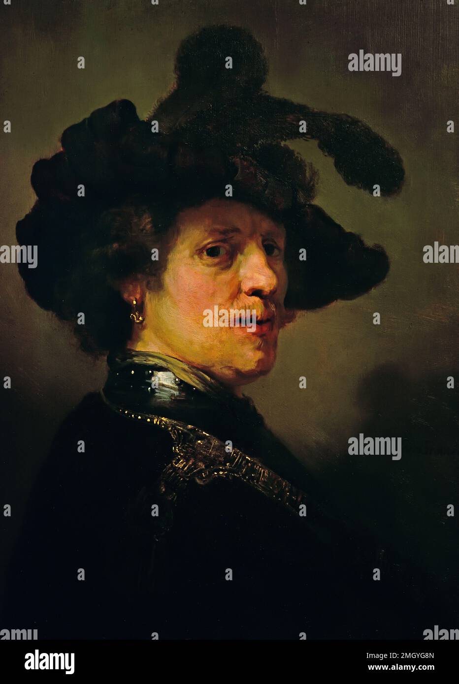 Rembrandt van Rijn, „Tronie“ of a man with a Feathered Beret, c. 1635 - 1640Rembrandt, Rembrandt Harmenszoon van Rijn, 1606-1669, Niederlande, Niederländisch, Stockfoto