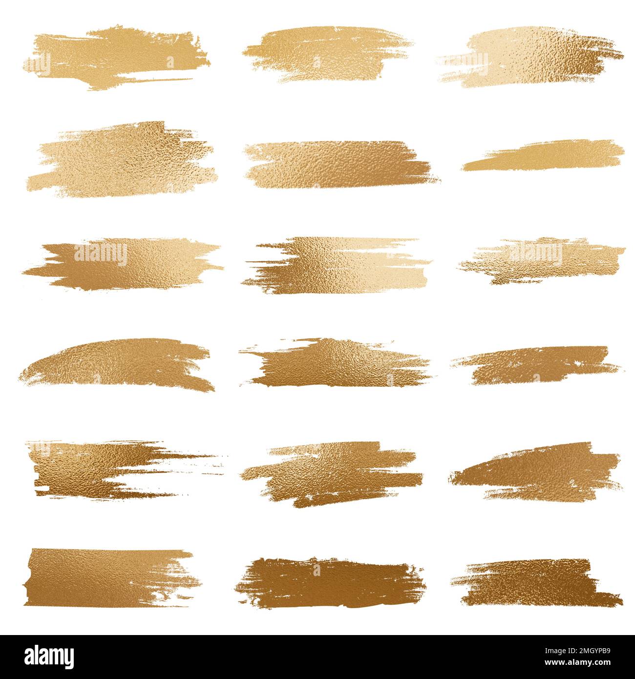 Goldenes, glitzerndes Pinselset isoliert auf weißem Hintergrund, Sammlung von goldenen Spritzern und Strichen Stockfoto