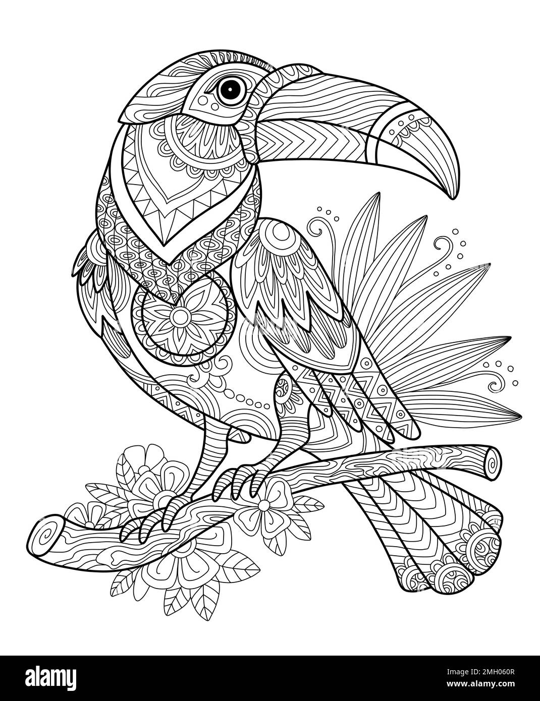 Stilisierter Tukanvogel mit Blumen. Darstellung des handgezeichneten schwarzen Konturvektors der Skizze. Für Erwachsene Anti-Stress-Farbseite, Druck, Design, Dekor, T-sh Stock Vektor
