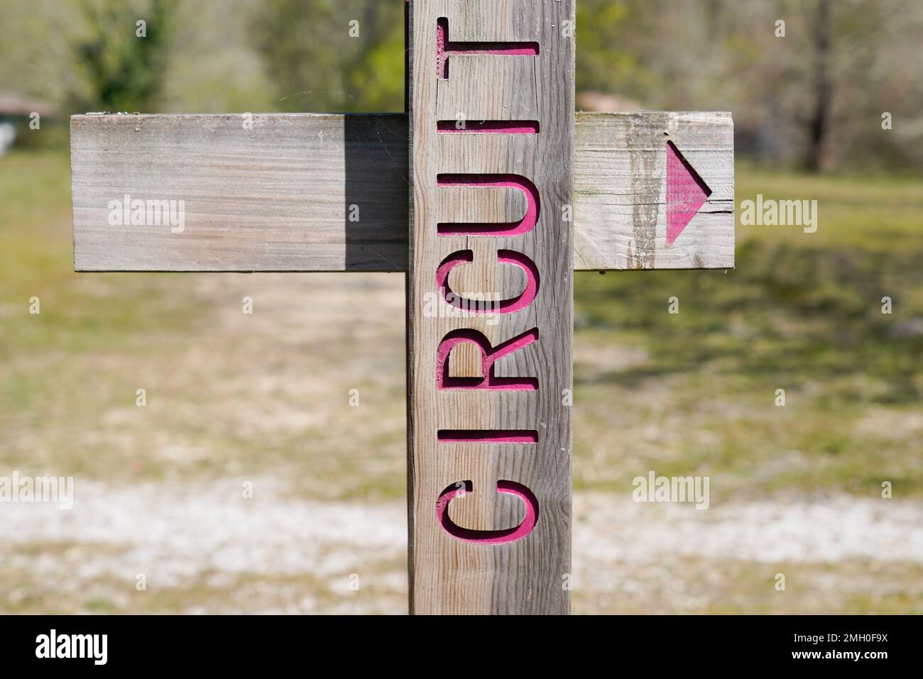 Ein hölzerner Pfeil zeigt in Richtung des Fußweges für den Wanderweg im Naturschutzgebiet Waldrundgang mit rotem, rosa Text Stockfoto