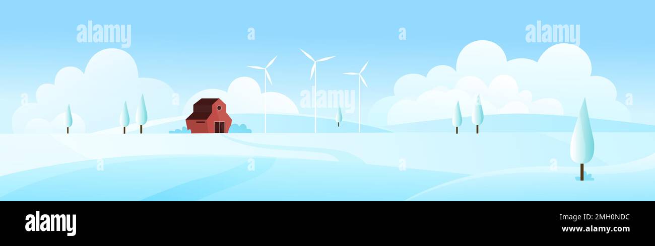 Vektordarstellung der Winterlandschaft auf dem Bauernhof. Rotes Bauernhaus und Bäume auf blauem Bauernfeld mit Schnee, Windturbinen erzeugen nachhaltige Energie und Stromerzeugung für die Landwirtschaft Stock Vektor