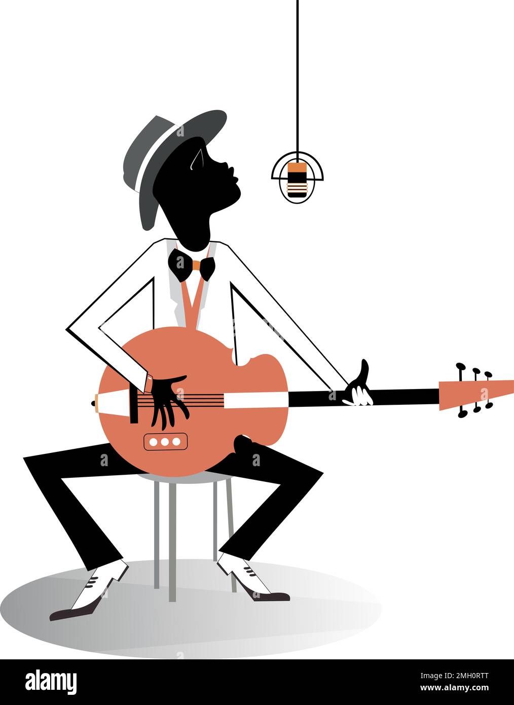 Afrikanische Gitarrenspieler-Illustration. Afrikanischer Musiker, der Gitarre spielt und singt. Isoliert auf weißem Hintergrund Stock Vektor