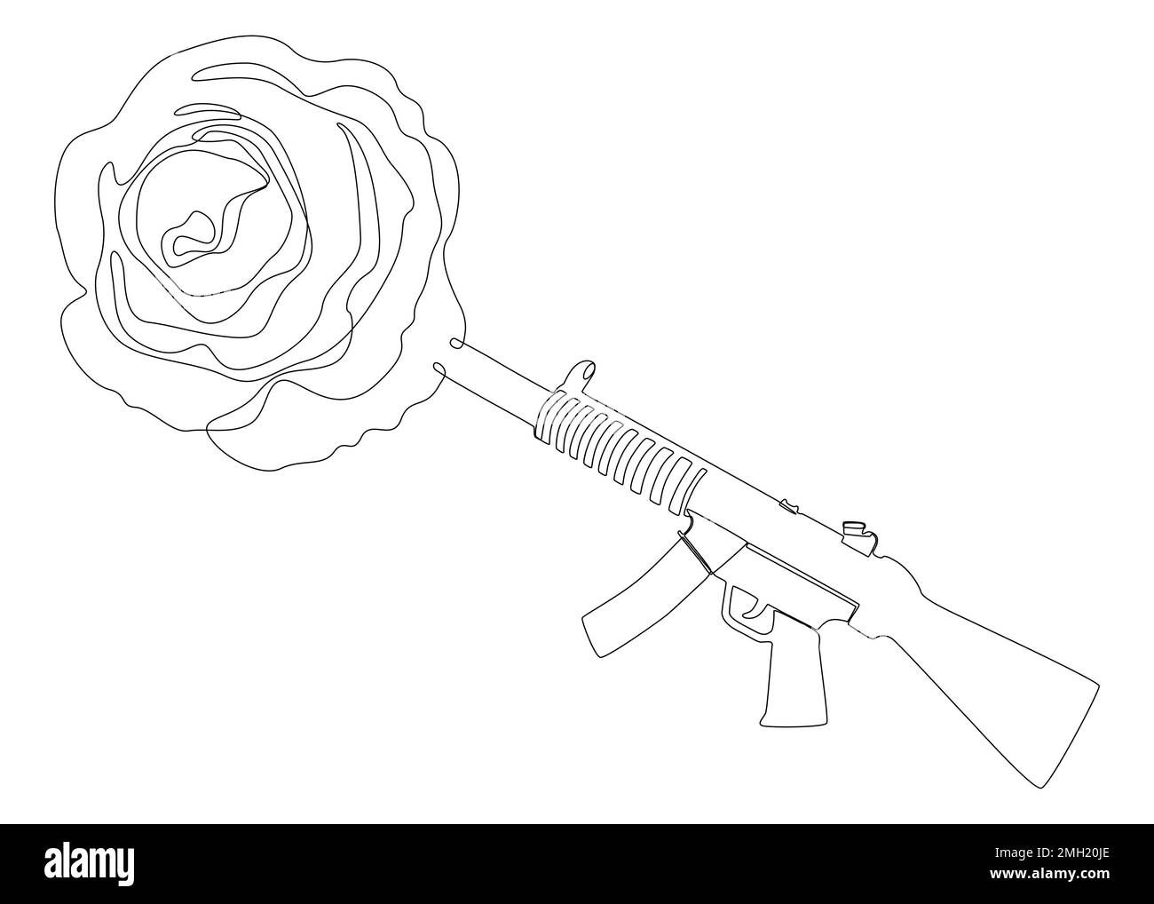 Eine durchgehende Linie einer Maschinenpistole mit Rose. Vektorkonzept zur Darstellung dünner Linien. Kontur Zeichnen kreativer Ideen. Stock Vektor