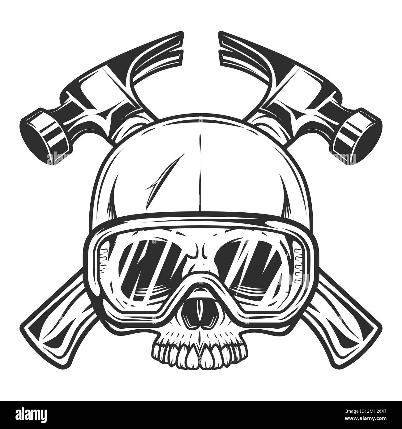 Der Baufachbauer hat die Hämmer aus dem Neubau- und Umbauhaus mit einem halben Schädel und einer Schutzbrille in einer monochromen Vintage-Illustration gekreuzt Stock Vektor
