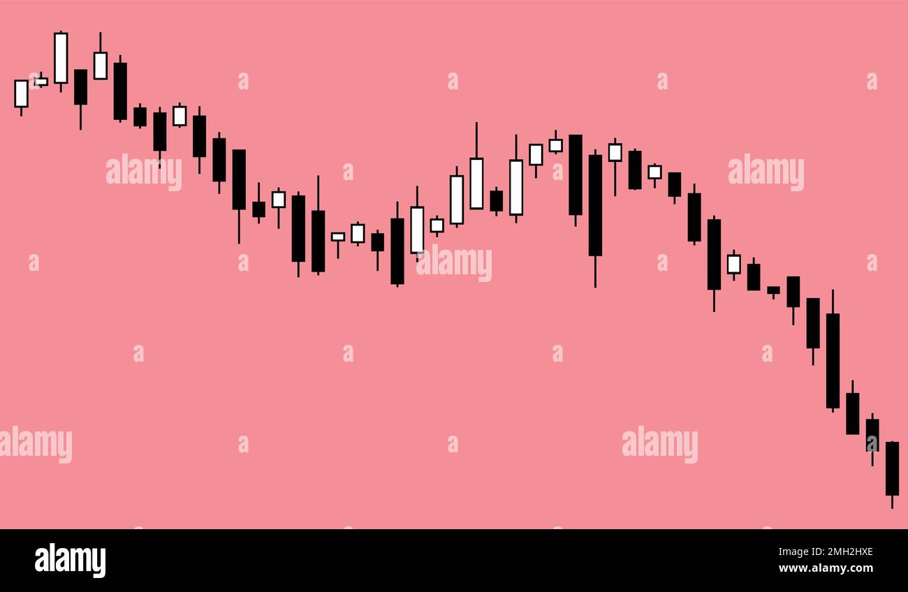Kerzendiagramm. Handelsdiagramm für Aktienmärkte, auch für Währungs- und Kryptomärkte verwendet. Abwärtstrend - Bärenhafter Abwärtstrend. Der Markt geht unter. Stock Vektor