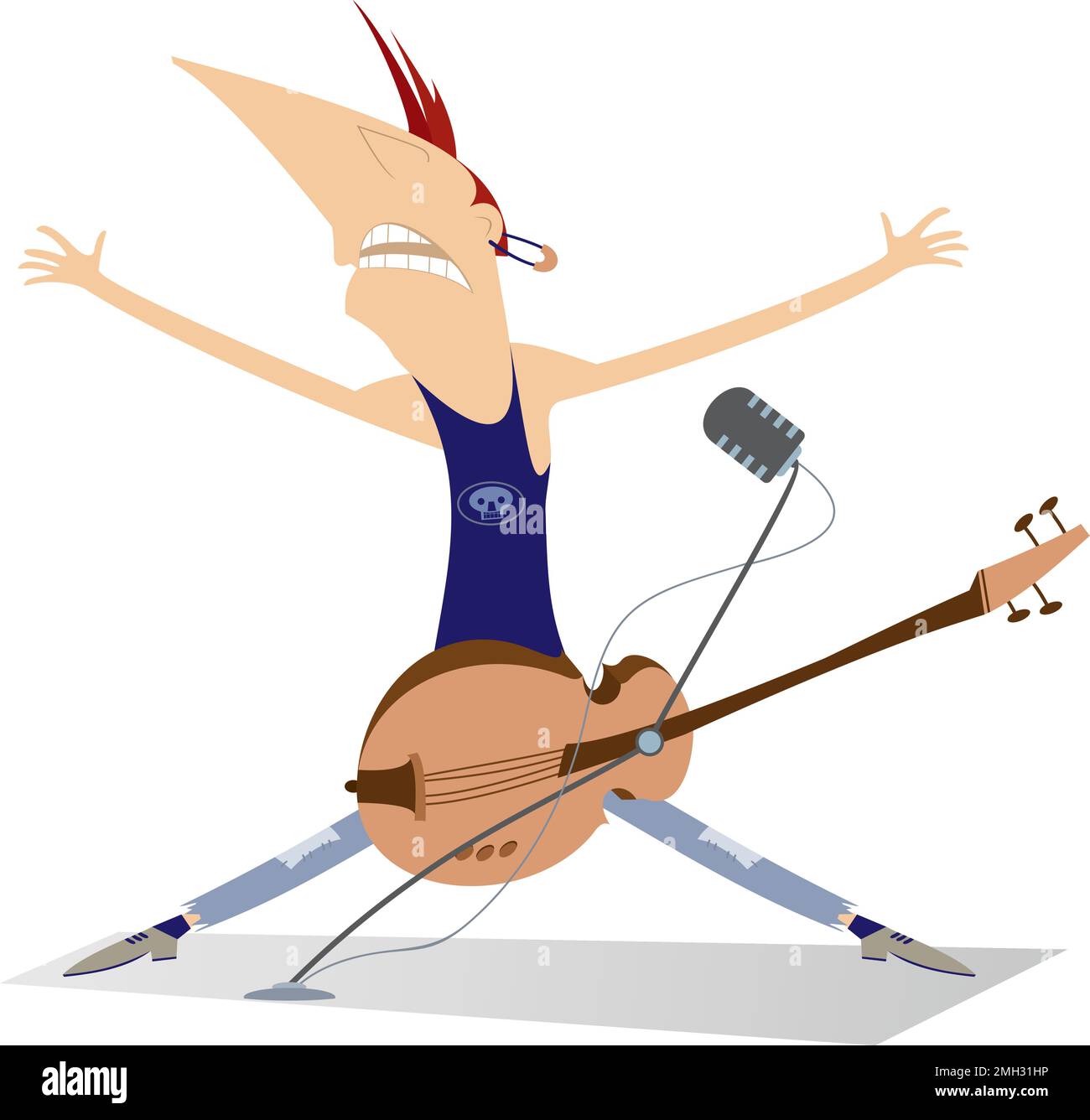 Cartoon-Gitarrenspieler-Illustration. Lustiger Gitarrist mit elektrischer Gitarre isoliert auf weißem Hintergrund Stock Vektor