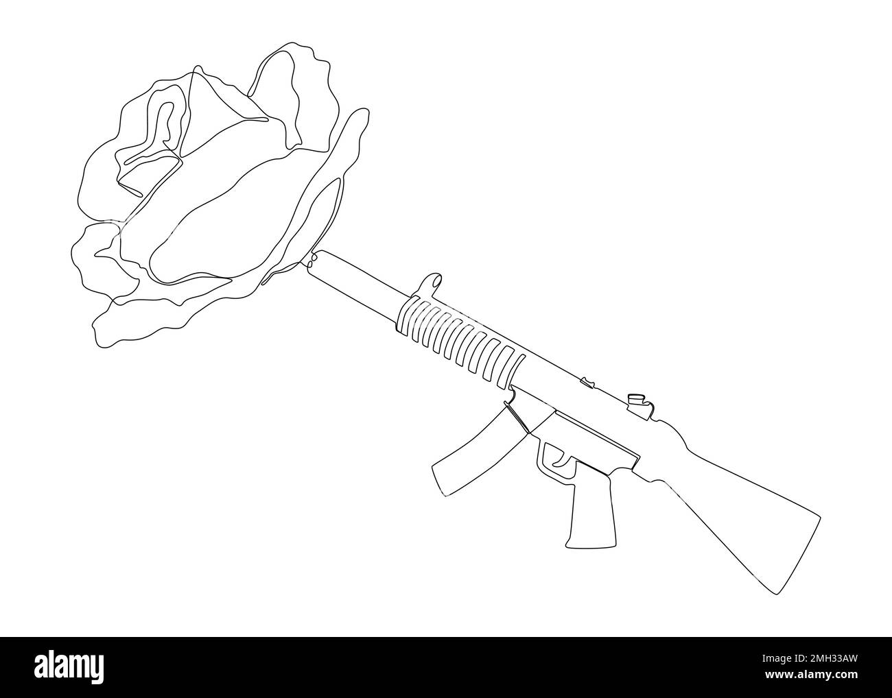 Eine durchgehende Linie einer Maschinenpistole mit Rose. Vektorkonzept zur Darstellung dünner Linien. Kontur Zeichnen kreativer Ideen. Stock Vektor