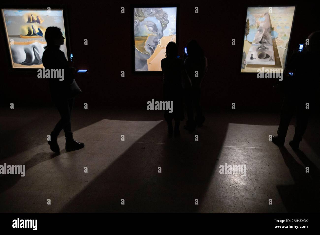 Visitors look at Salvador Dali's works at the Manege Central Exhibition ...
