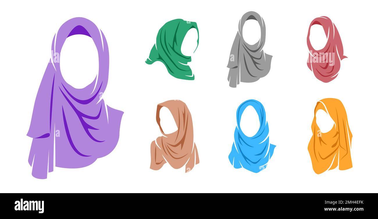 Set mit Frauen mit farbenfroher Hijab-Ikone und isoliertem Hijab-Logo Stock Vektor