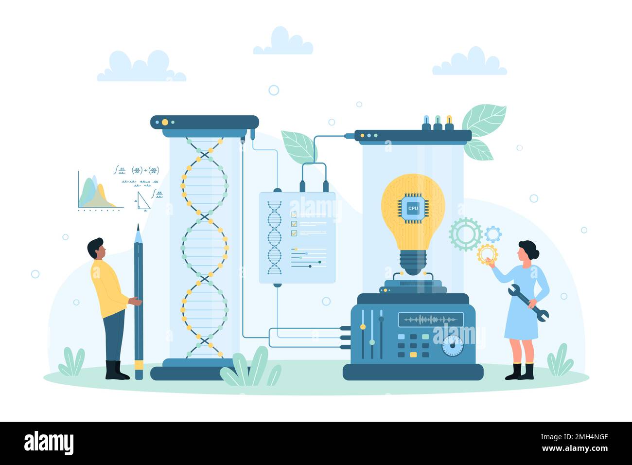 Wissenschaftliche Ideen Vektordarstellung. Cartoon Tiny People erforschen Glühbirne mit Schaltkreis im Inneren und DNA-Spiralmodell mit intelligenten Laborgeräten und Werkzeugen, testen kreatives wissenschaftliches Projekt Stock Vektor