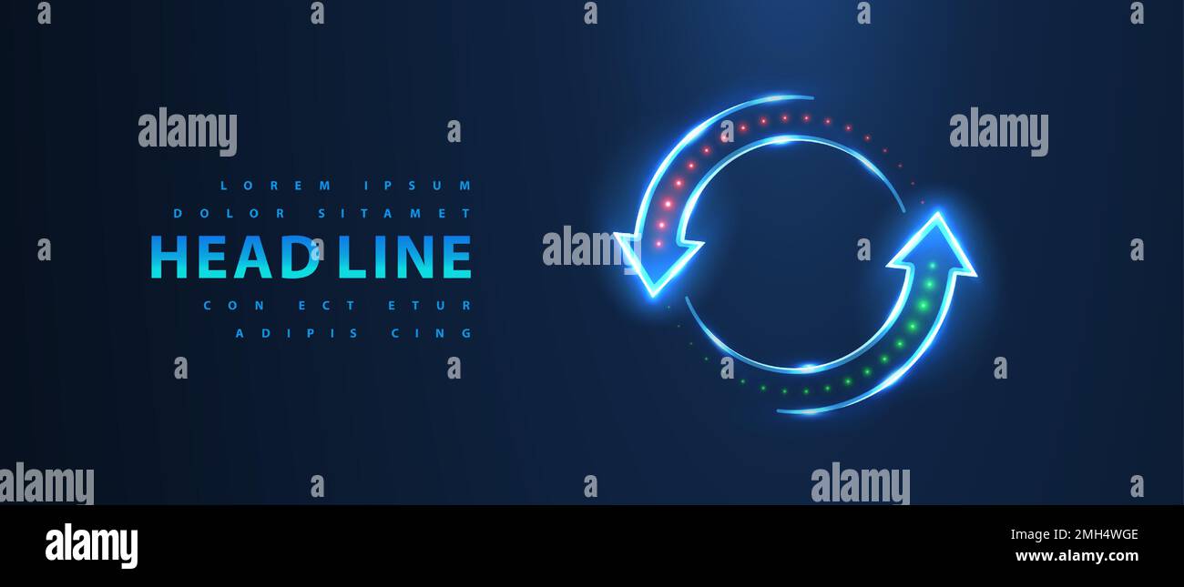 Zwei Pfeile drehen sich. Modernes kreisförmiges Symbol auf Blau. Geldwechsel, Geldtransfer, Symbol recyceln, Energie erneuern, Internet neu laden Stock Vektor