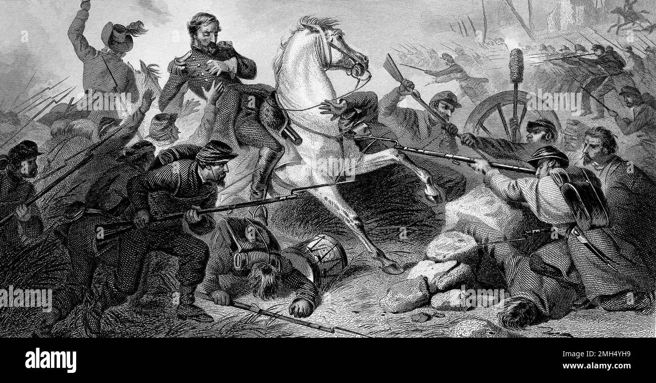 Die Schlacht von Wilson's Creek, auch bekannt als die Schlacht von Oak Hills, war eine große Schlacht in den ersten Monaten des Amerikanischen Bürgerkriegs, der am 10. August 1861 stattfand. Die Unionisy-Truppen unter Nathaniel Lyon und Samuel D. Sturgis verloren an die Konföderierten unter Sterling Price und Benjamin McCulloch. General Lyon wurde während des Kampfes getötet. Dieses Bild zeigt den Tod von Lyon während einer Kavallerie. Stockfoto