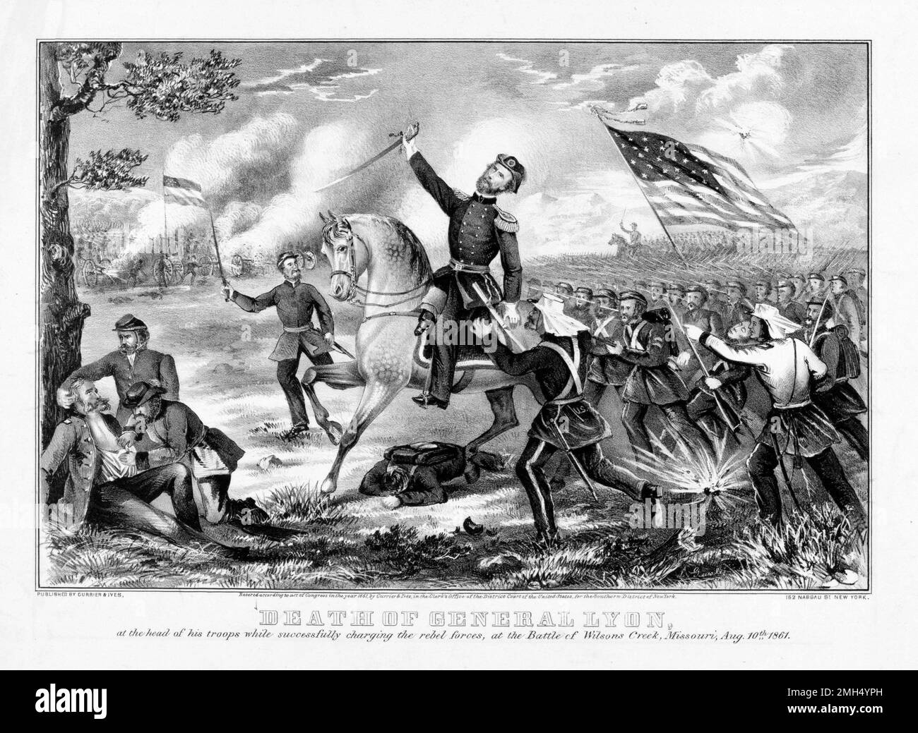 Die Schlacht von Wilson's Creek, auch bekannt als die Schlacht von Oak Hills, war eine große Schlacht in den ersten Monaten des Amerikanischen Bürgerkriegs, der am 10. August 1861 stattfand. Die Unionisten unter Nathaniel Lyon und Samuel D. Sturgis verloren an die Konföderierten unter Sterling Price und Benjamin McCulloch. General Lyon wurde während des Kampfes getötet. Dieses Bild zeigt den Tod von Lyon während einer Kavallerie. Stockfoto