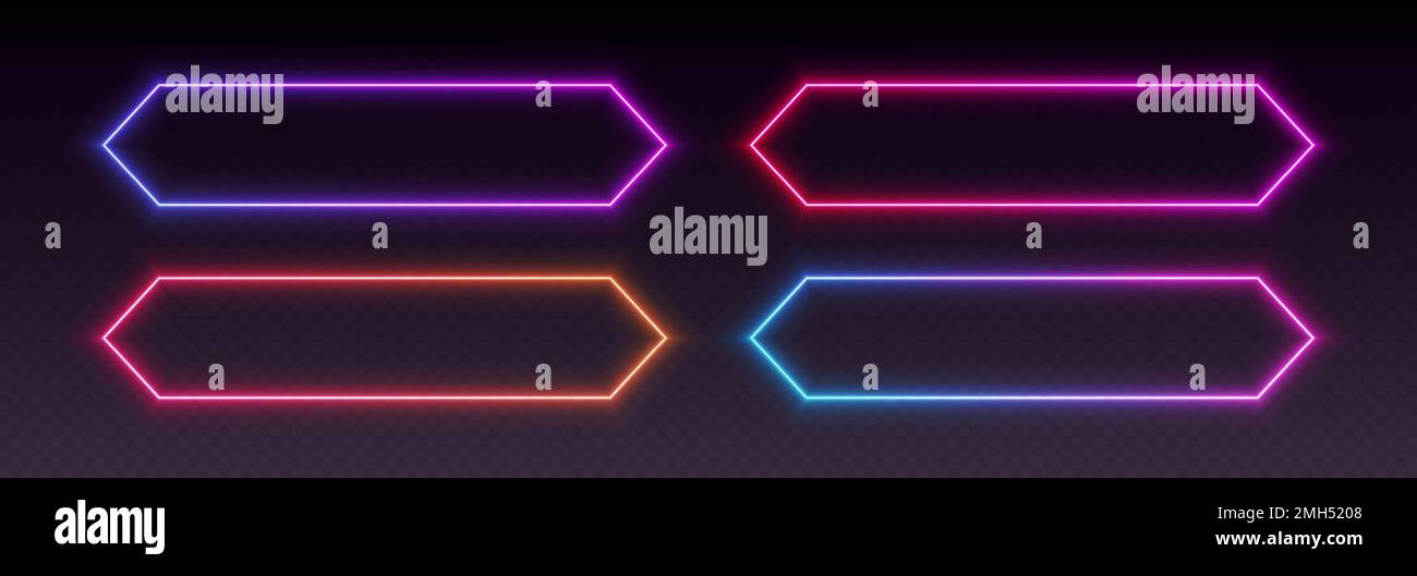 Neonrahmen, sechseckige leuchtende Ränder, farbenfrohe futuristische UI-Designelemente. Stock Vektor