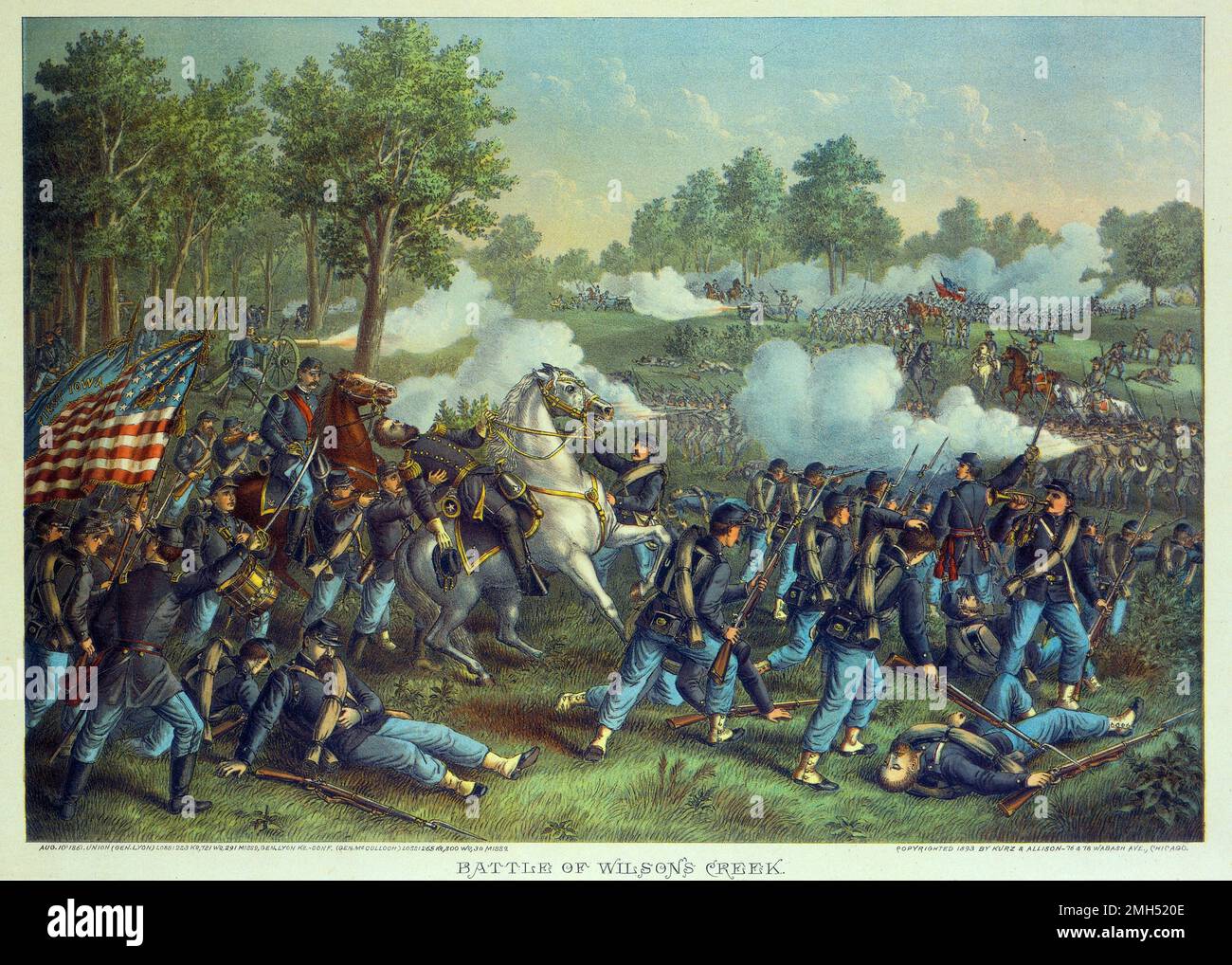 Schlacht von Wilson's Creek. Chromolithograph von Kurz und Allison, 1893. Die Schlacht von Wilson's Creek, auch bekannt als die Schlacht von Oak Hills, war eine große Schlacht in den letzten Monaten des Amerikanischen Bürgerkriegs, der am 10. August 1861 stattfand. Die Unionisten unter Nathaniel Lyon und Samuel D. Sturgis verloren an die Konföderierten unter Sterling Price und Benjamin McCulloch. General Lyon wurde während des Kampfes getötet. Stockfoto