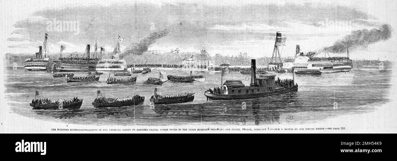 Die Schlacht von Roanoke Island war eine Schlacht im Amerikanischen Bürgerkrieg, der vom 7. Bis 8. Februar 1862 in North Carolina geführt wurde. Es war ein amphibischer Unionistenangriff unter dem Kommando von Ambrose Burnside, und es war ein Unionistensieg, als die Insel gefangen genommen wurde. Das Bild zeigt die Landung der gewerkschaftlichen Truppen auf der Insel unter dem Schutz der Kanonenboote Delaware und der Streitkräfte der Union Stockfoto