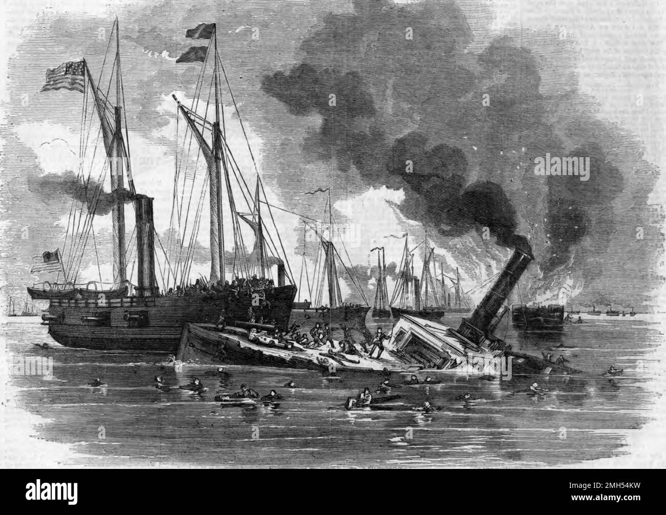 Die Schlacht von Roanoke Island war eine Schlacht im Amerikanischen Bürgerkrieg, der vom 7. Bis 8. Februar 1862 in North Carolina geführt wurde. Es war ein amphibischer Unionistenangriff unter dem Kommando von Ambrose Burnside, und es war ein Unionistensieg, als die Insel gefangen genommen wurde. Das Bild zeigt die Zerstörung der Flotte von Commodore Lynch durch Kanonenboote der Union Navy auf Roanoke Island, Februar 1862. Stockfoto