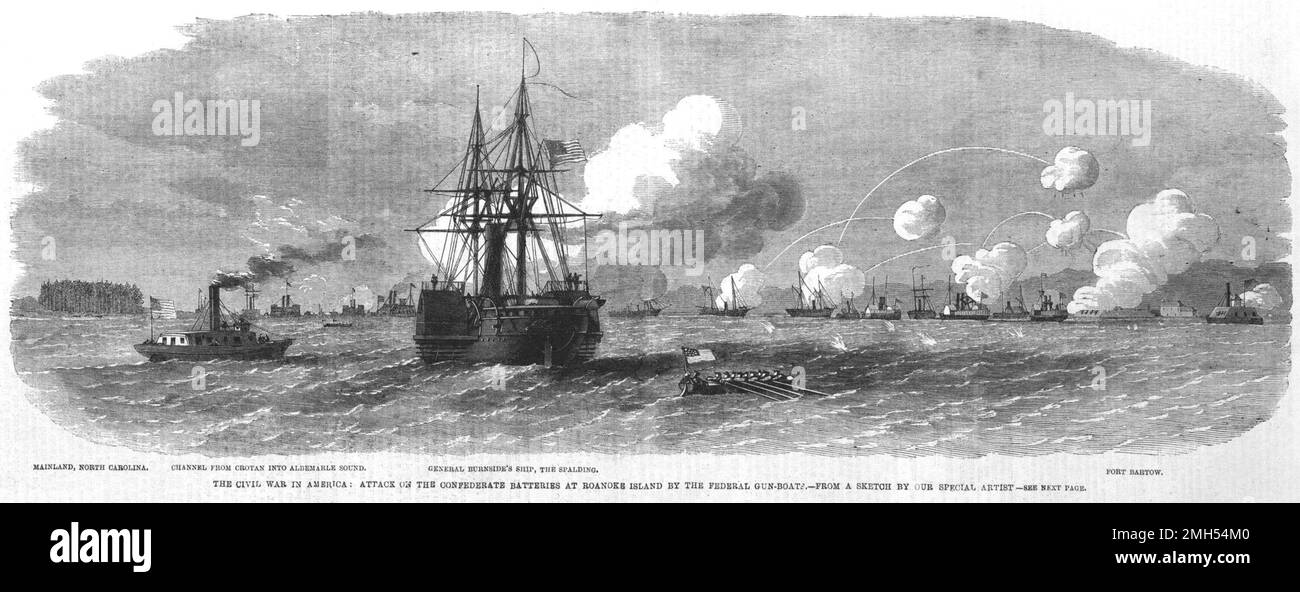 Die Schlacht von Roanoke Island war eine Schlacht im Amerikanischen Bürgerkrieg, der vom 7. Bis 8. Februar 1862 in North Carolina geführt wurde. Es war ein amphibischer Unionistenangriff unter dem Kommando von Ambrose Burnside, und es war ein Unionistensieg, als die Insel gefangen genommen wurde. Dieses Bild zeigt die Unionisten, die konföderierte Positionen auf der Insel bombardieren. Stockfoto