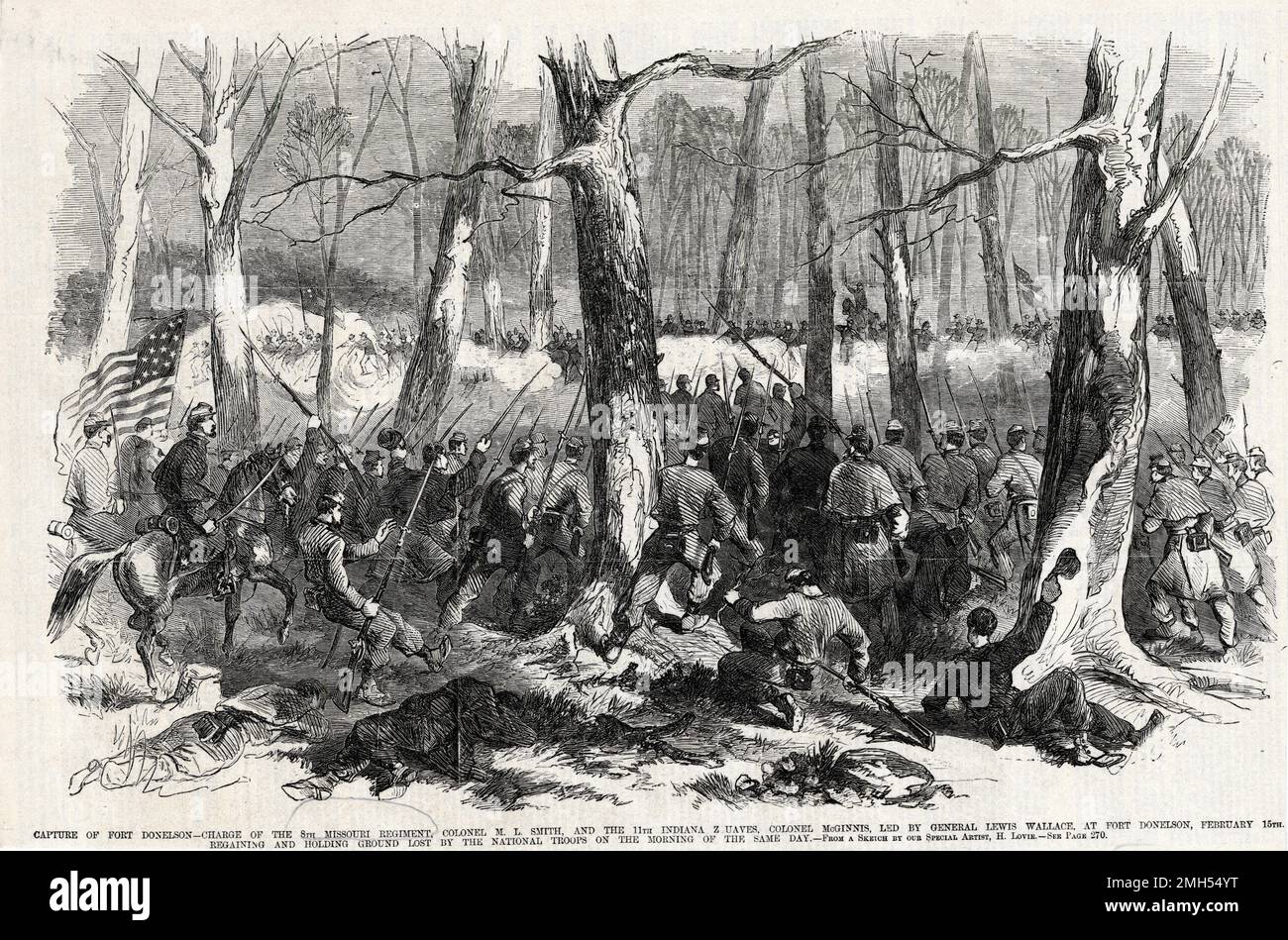 Die Schlacht von Fort Donelson war eine Schlacht im Amerikanischen Bürgerkrieg vom 11. Bis 12. Februar 1862 in Kentucky. Es war ein amphibischer Angriff der Unionisten auf Fort Donelson unter dem Kommando von Odysseus Grant, und es war ein unionistischer Sieg, als das Fort eingenommen wurde. Das Bild zeigt die Anklage des 8. Missouri Regiment und der 11. Indiana Zuaves. Stockfoto