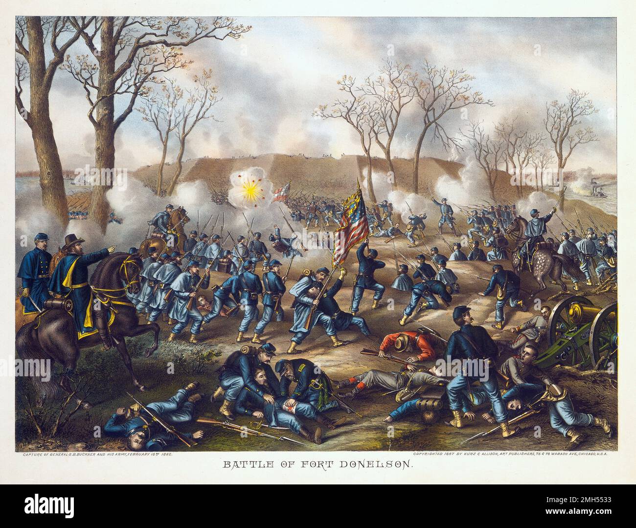 Die Schlacht von Fort Donelson war eine Schlacht im Amerikanischen Bürgerkrieg vom 11. Bis 12. Februar 1862 in Kentucky. Es war ein amphibischer Angriff der Unionisten auf Fort Donelson unter dem Kommando von Odysseus Grant, und es war ein unionistischer Sieg, als das Fort eingenommen wurde. Stockfoto