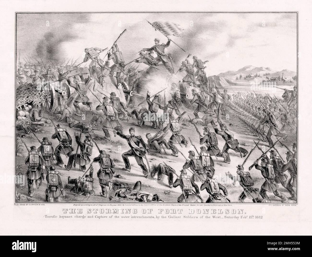 Die Schlacht von Fort Donelson war eine Schlacht im Amerikanischen Bürgerkrieg vom 11. Bis 12. Februar 1862 in Kentucky. Es war ein amphibischer Angriff der Unionisten auf Fort Donelson unter dem Kommando von Odysseus Grant, und es war ein unionistischer Sieg, als das Fort eingenommen wurde. Das Bild zeigt eine Bajonettladung und die Aufnahme der äußeren Intrenchments des Forts. Stockfoto