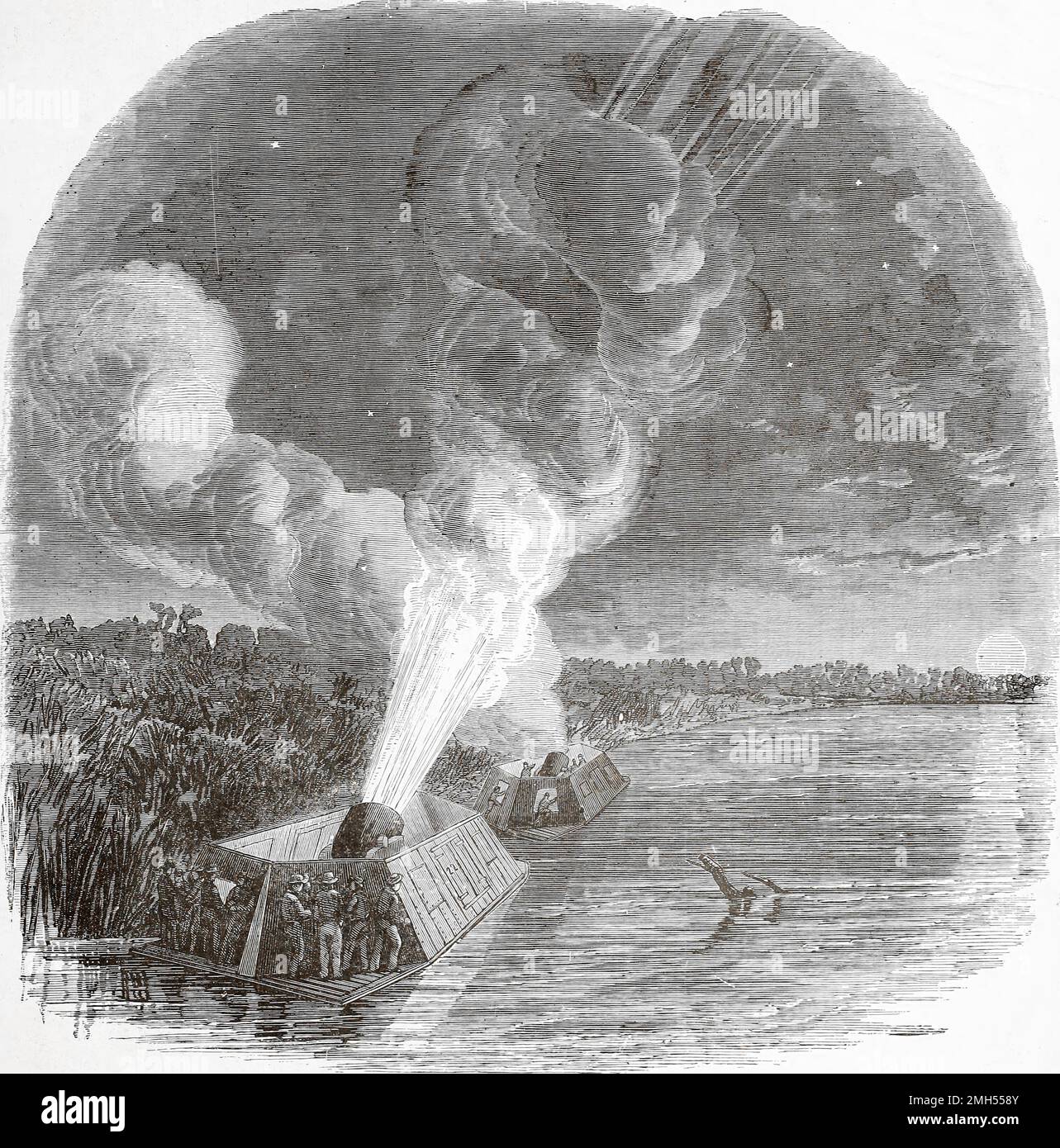 Die Schlacht von Insel Nr. 10 war eine Schlacht im Amerikanischen Bürgerkrieg, der vom 28. Februar bis 8. April 1862 in Kentucky geführt wurde. Es war ein unionistischer amphibischer Angriff auf die Insel Nummer 10, die eine Kommandoposition im Mississippi innehatte. Der Angriff stand unter dem Kommando von John Pope, und es war ein unionistischer Sieg, als die Insel gefangen wurde. Das Bild zeigt eine nächtliche Bombardierung der Insel durch die Unionisten-Mörserboote. Stockfoto