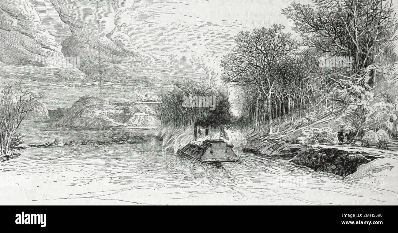 Die Schlacht von Fort Donelson war eine Schlacht im Amerikanischen Bürgerkrieg vom 11. Bis 12. Februar 1862 in Kentucky. Es war ein amphibischer Angriff der Unionisten auf Fort Donelson unter dem Kommando von Odysseus Grant, und es war ein unionistischer Sieg, als das Fort eingenommen wurde. Das Bild zeigt das Kanonenboot Carondelet, das auf dem Cumberland River kämpft. Stockfoto