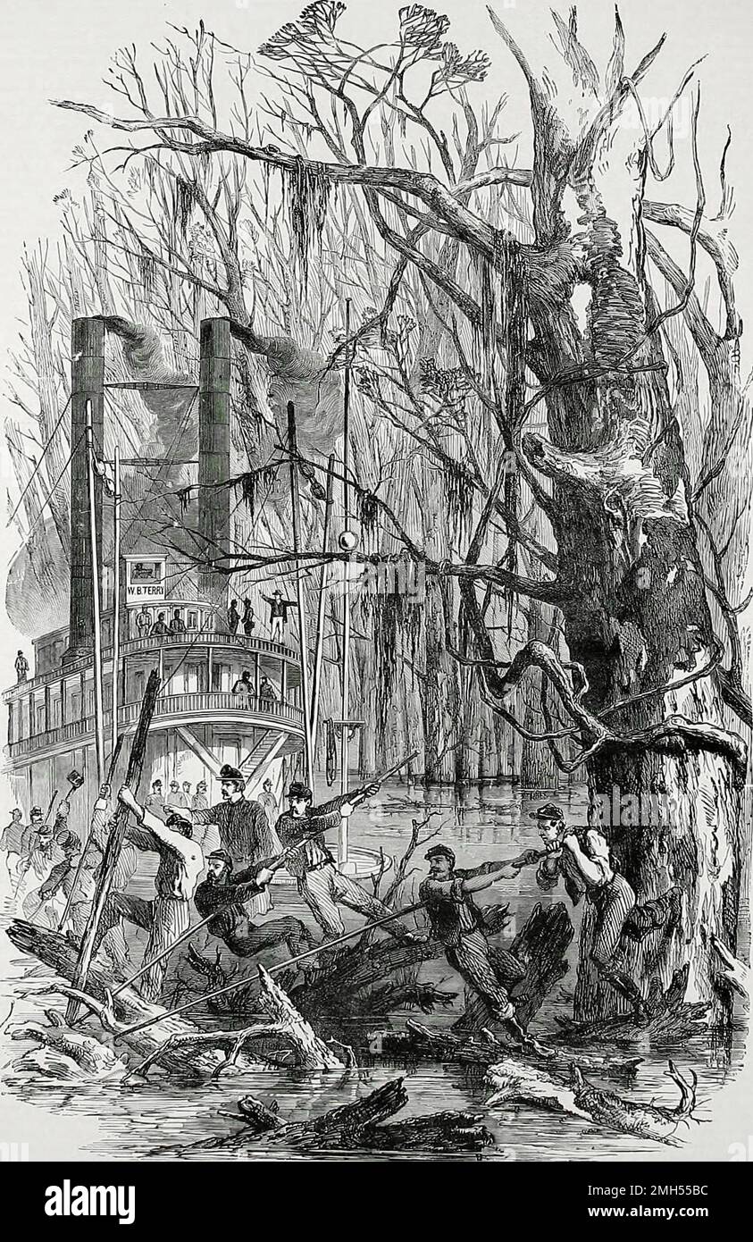 Die Schlacht von Insel Nr. 10 war eine Schlacht im Amerikanischen Bürgerkrieg, der vom 28. Februar bis 8. 1862. April in Kentucky geführt wurde. Es war ein unionistischer amphibischer Angriff auf die Insel Nummer 10, die eine Kommandoposition im Mississippi innehatte. Der Angriff stand unter dem Kommando von John Pope, und es war ein Unionistensieg, als die Insel gefangen genommen wurde. Das Bild zeigt das Transportschiff Terry, das durch das Sumpfgebiet in der Nähe der Insel manövriert wird. Stockfoto