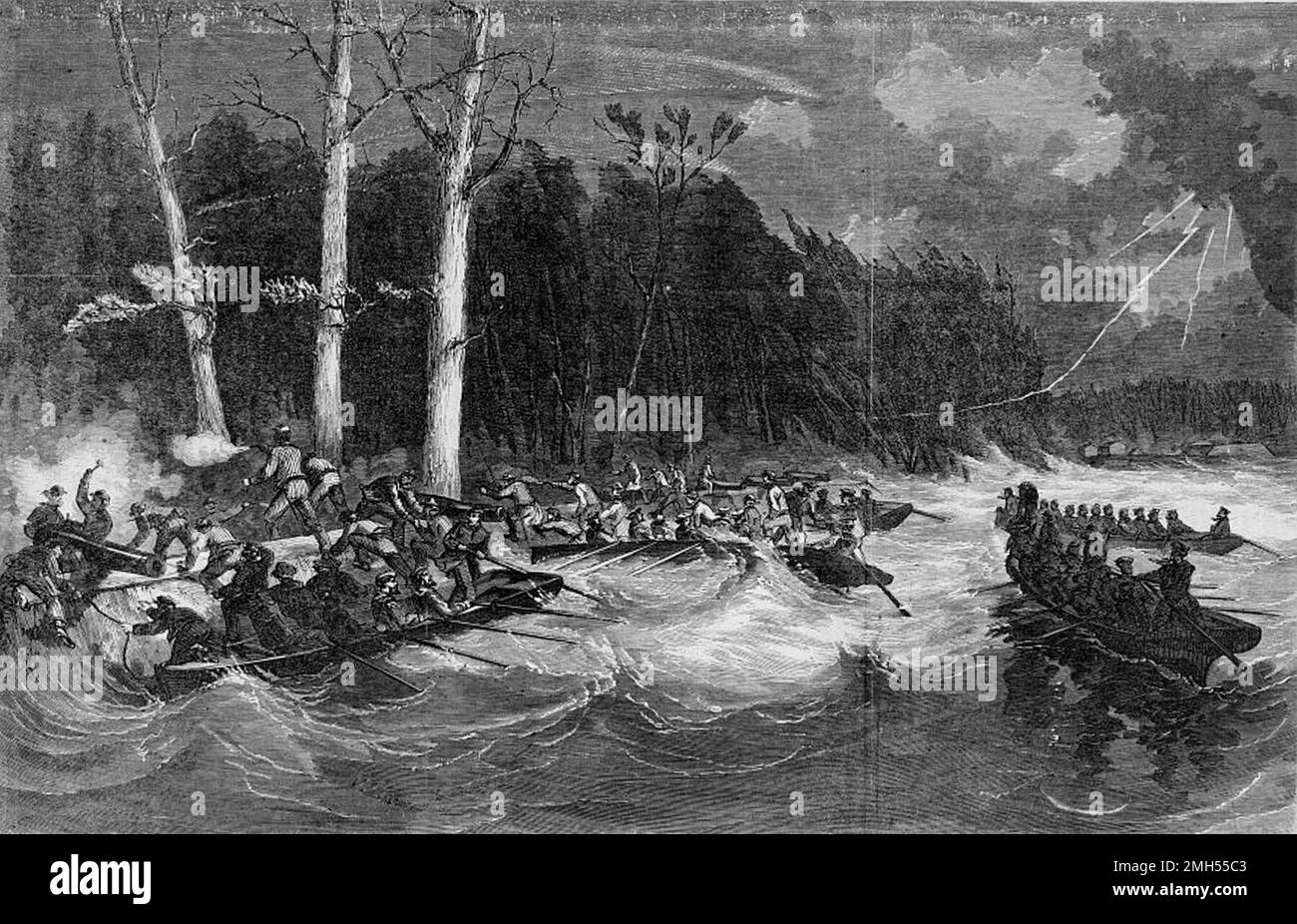 Die Schlacht von Insel Nr. 10 war eine Schlacht im Amerikanischen Bürgerkrieg, der vom 28. Februar bis 8. 1862. April in Kentucky geführt wurde. Es war ein unionistischer amphibischer Angriff auf die Insel Nummer 10, die eine Kommandoposition im Mississippi innehatte. Der Angriff stand unter dem Kommando von John Pope, und es war ein Unionistensieg, als die Insel gefangen genommen wurde. Das Bild zeigt einen nächtlichen Überfall auf die Insel durch Unionisten. Stockfoto