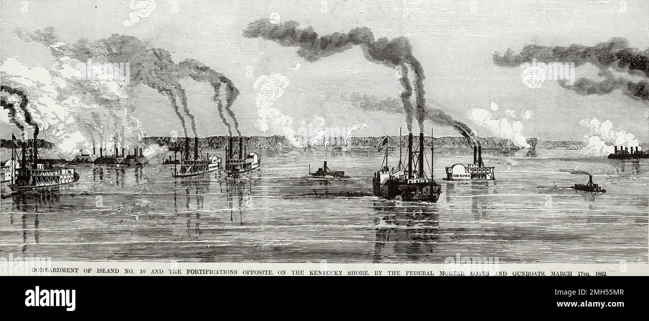 Die Schlacht von Insel Nr. 10 war eine Schlacht im Amerikanischen Bürgerkrieg, der vom 28. Februar bis 8. 1862. April in Kentucky geführt wurde. Es war ein unionistischer amphibischer Angriff auf die Insel Nummer 10, die eine Kommandoposition im Mississippi innehatte. Der Angriff stand unter dem Kommando von John Pope, und es war ein Unionistensieg, als die Insel gefangen genommen wurde. Das Bild zeigt unionistische Kanonenboote und Mörserboote, die die Insel bombardieren. Stockfoto
