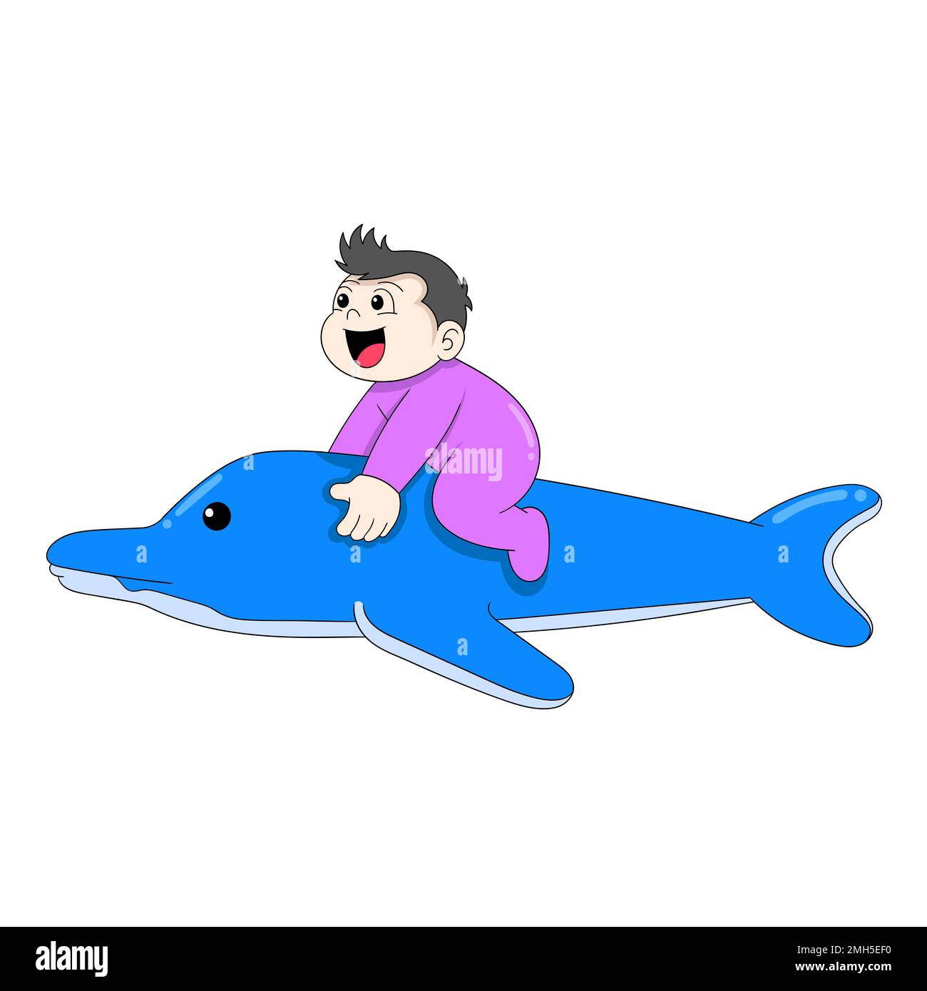 Der kleine Junge sitzt und spielt auf einem Delfin. vektordesign-Illustrationen Stock Vektor