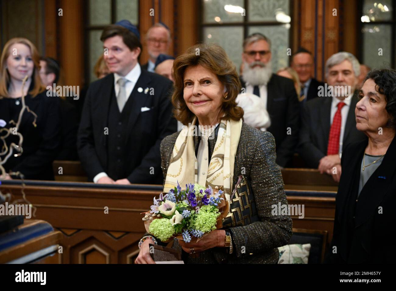 Königin Silvia von Schweden nimmt an einer Gedenkfeier im Zusammenhang mit dem Holocaust-Gedenktag Teil, die am 26. Januar 2023 in der Großen Synagoge von Stockholm, Schweden, stattfindet. Foto: Anders Wiklund / TT / kod 10040 Stockfoto