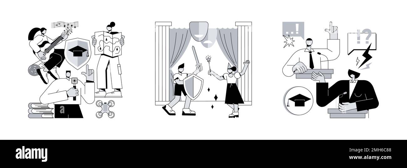 After-School-Aktivität abstraktes Konzept Vektor Illustration Set. Studentenklub, Schultheater, Debattierwettbewerb, öffentlich sprechen, Dramaturgie, hochschulcampus Veranstaltung, Kommunikation abstrakte Metapher. Stock Vektor