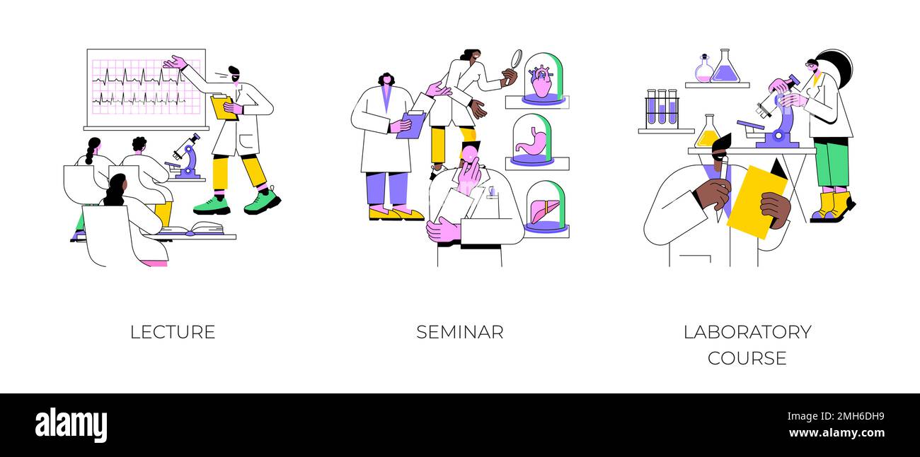 Medizinische College-Klassen isolierte Cartoon-Vektor-Illustrationen Set. Vorlesung und Seminar, Laborkurs, Lehrassistent für Medizinstudenten, Universitätslehrprozess Vektor-Cartoon. Stock Vektor